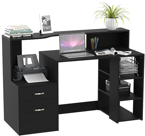 HOMCOM Computer Desk with Drawers and Storage Shelves, Office Desk Writing Table with Printer Stand, Large Workstation for Study Play Work Home Office, 137 x 55 x 92cm, Black