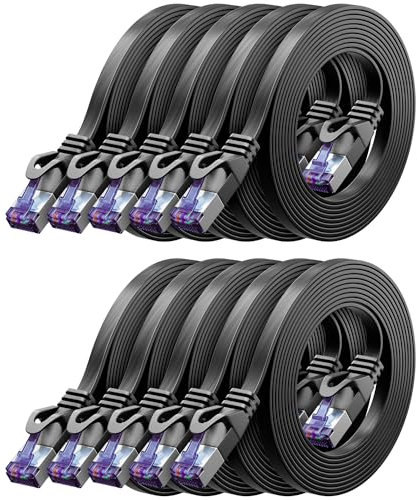 deleyCON 10x 1m Piatto CAT7 Cavo di Rete (CAT 7 con 10 Gbit/s) Gigabit LAN - RJ45 Ethernet Corto Cavo Patch Lungo Piatto - per Internet Interruttore Router Modem Pannello Patch - Nero