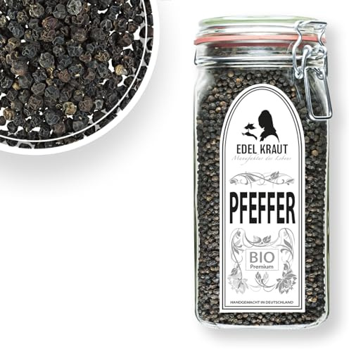 Pfeffer schwarz ganz BIO 750g im Premium Drahtbügelglas | EDEL KRAUT - 100% naturreine schwarze Pfefferkörner - SCHWARZER PFEFFER ohne jegliche Zusatzstoffe - Pfeffer für Mühle - black pepper