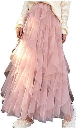 TIMEMEAN Femmes Jupe Longue Superposée en Tulle Tutu Transparent Jupes De Bal en Gaze De Couleur Unie élastiques à Taille Haute #03rose S