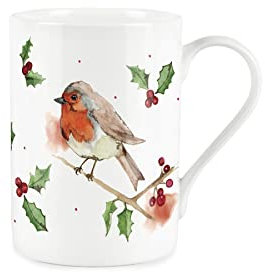 Purely Home Robin Holly Mug - Large Christmas Robins Bone China Style White Xmas Berries Coffee/Tea Present Gift