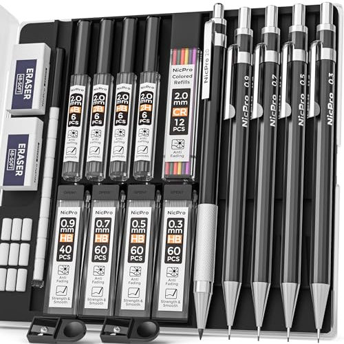 Nicpro 5 Stücke Schwarz Metall Druckbleistift Set im Etui, Künstler Bleistifte mit 9 Dosen Ersatzminen 0,3, 0,5, 0,7, 0,9 und 2 mm (2H HB 2B 4B Farbe), 2 Radiergummis, zum Skizzieren und Zeichnen