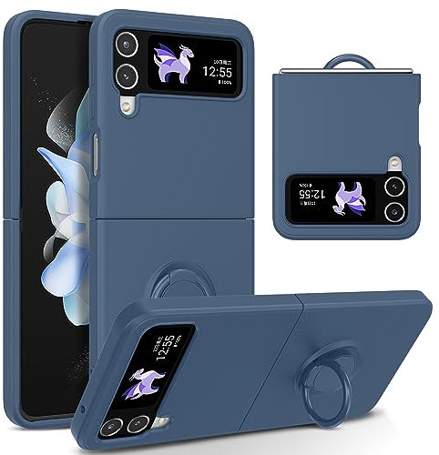 UEEBAI Silicone Coque avec Ring pour Samsung Galaxy Z Flip 4 5G, Etui Fin Pliable et léger Absorption des Chocs Housse Mince avec Bague 360 Degrés Rotation Stand Protection Cover, Royal Bleu