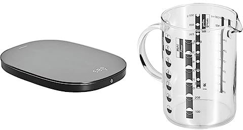 ZWILLING ENFINIGY Digitale Küchenwaage mit LCD-Display, Aufladung per USB, bis 10 kg, Schwarz & WMF Gourmet Glas Messbecher 1l, hitzebeständiges Glas, Skalierung für Liter, Milliliter