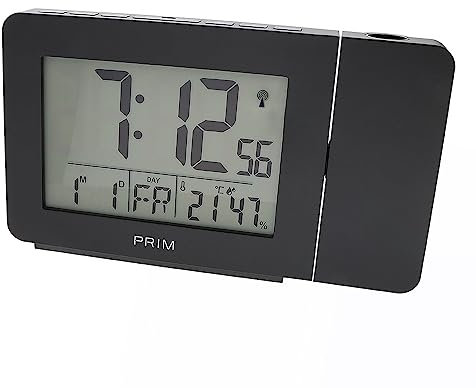 PRIM Radio Projection Digitaler Funk-Wecker, Alarm Clock, Funkgesteuert, Kalender, Hygrometer, Thermometer, Netzteil 5 V (500 mA), Laserprojektion, Moderne Design Tisch-Deko für das Schlafzimmer