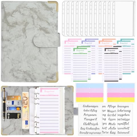 SellinGem A6 Budget Planner Deutsch, A6 Leder Budget Binder Geld Organizer mit 12 Bargeldumschlägen Binder und Budgetblättern als Sparbuch für Geld Sparen (Grau)