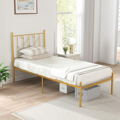 COSTWAY 3FT/4FT6 Metal Bed Frame, Single/Double Platform Bed Base with Headboard & 30cm Underbed Storage, Metal Slat Support Mattress Foundation for Bedroom, Noise Free (Gold, Single-197x91x114cm)