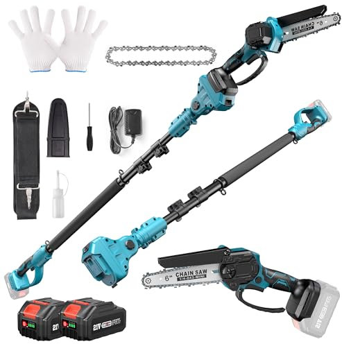 Seesii 2-In-1 Mini motosega senza fili con batteria 2 x 4,0 Ah, 6 pollici Brushless Potatrice Batteria, Peri Potatrici Altezza di Lavoro 4,6 m, con Tracolla