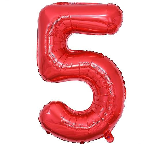 Vthoviwa 40 Zoll Giant Luftballon Zahlen 5 Rot, Luftballon 5. Geburtstag Foil Ballon, 0123456789,10-19,20-25,30,40,50,60,70,80,90 Party Luftballon Zahlen 5 Rot Helium Unterstützen