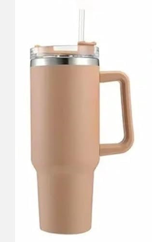 40 oz stainless steel large cup tumbler mug with straw and handle reuseable (beige)