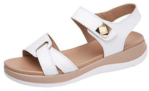 Sommerkind Schuhe Damen Mode Sommer Frauen Sandalen flach dicker Boden offener Zeh Hakenschlaufe einfarbig lässig Schuhe Mit Keilabsatz Für Damen (White, 40)