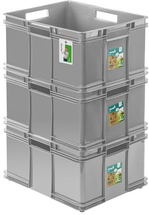 PAFEN 3x Euro Stapelbox 54l - 52,5 x 43 x 28,5 cm - Eco Aufbewahrungsbehälter Euro-box Stapelkasten Transport Eurobehälter aus PP, Stone Grey