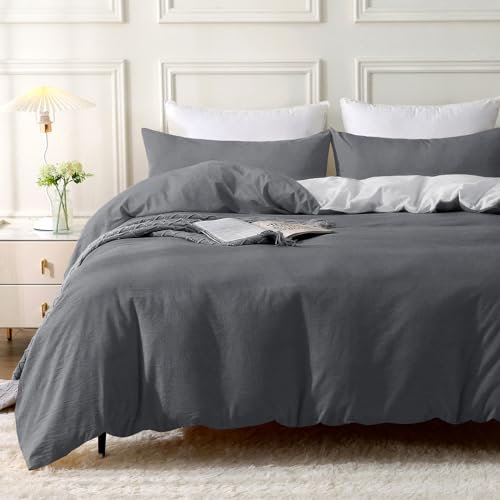 MILDLY Housse de Couette 220x240 Coton, Gris Parure de Lit 220x240 Coton avec 2 Taie d'oreiller 65x65 cm, 100% Coton Lavé, Certifié Oeko-TEX, Gris Foncé Parure Housse Couette avec Fermeture Éclair