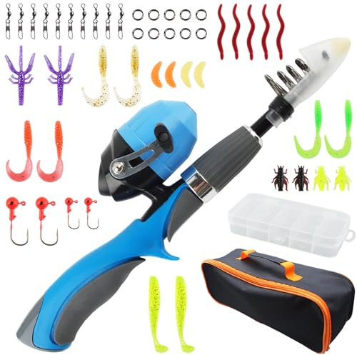 Dellyy Canne à Pêche Télescopique Enfant avec Moulinet, Ensemble de Leurres et Accessoires pour Voyage, Sac de Matériel Inclus