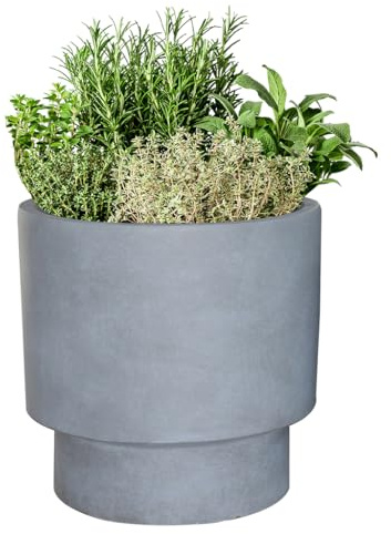 Fibre Clay Plant Pots Indoor/Outdoor Tiered Patio Planters (Grey, Small) | Fibre Clay, Drainage Hole, Patio, Decking, Lawn, Doorstep, Porch, Lawn, Tiered Finish, Round, Planter, Plant Pot
