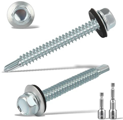 75 Stk Trapezblechschrauben Selbstschneidende Schrauben mit Dichtscheibe 6.3 x 50 MM + 2 Stk Sechskant Bit Steckschlusselsatz M8 Spenglerschrauben Verzinkt Bohrschrauben Metalldachschrauben(Silber)
