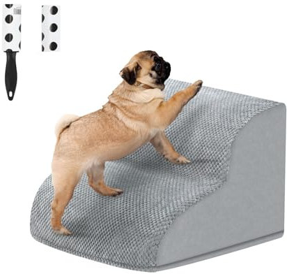 LIANTRAL Scaletta per Cani 2 Gradini, Scale per Cani in Spugna per Divano Letto, Scala Antiscivolo per Animali Domestici con Coperchio Rimovibile e rullo per la rimozione dei peli di animali, Grigio
