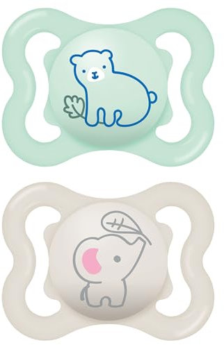 MAM Air Succhietto 2-6 Mesi (Set da 2), Ciuccio MAM 2-6 mesi per pelli sensibili e delicate, Kit da 2 accessori neonato con tettarella in silicone e porta ciuccio sterilizzatore, Verde/Grigio