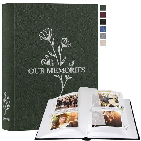 Lanpn Fotoalbum zum Selbstgestalten Einkleben, Kleines OUR MEMORIES Leinen Fotobuch 100 weißen Seiten mit Pergamin Trennblätter Fasst 9x13 10x15 13x18cm Fotos (19x27 cm, Grün)