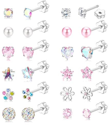 JeweBella 12/14Paires Boucles d'Oreilles Femme Acier Inoxydable Boucles d'Oreilles Enfants Fille Hypoallergéniques Boucle d'Oreille Fleur Cœur Étoile CZ Multicolore Vis Dos Boucles d'Oreilles Ensemble