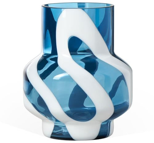 Torre & Tagus Weiße gestreifte transparente Blaue Vase für Tafelaufsätze, 20,3 cm hoch, Blaue Glasvase für Blumen und Moderne Wohnkultur, große dekorative Akzente für Wohnzimmerdekoration oder große
