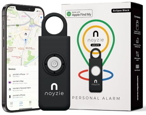 Noyzie Personal Alarm for Women with GPS Tracker - Locate Loved Ones with Apple ‘Find My’ App- USB Rechargeable Safety Alarm - 130db Siren, Bluetooth Key Finder & Low Battery Indicator (Eclipse Black)