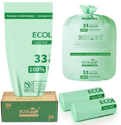 ECOLipak Kompostierbare Müllsäcke, 100 l, biologisch abbaubar, robust, für den Außenbereich, für Rasen/Hof, US BPI ASTM D6400 und OK Compost Home zertifiziert, 50 Stück (2 Rollen)