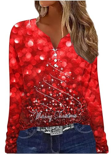 Weihnachts Hemd Damen Sale Merry Christmas Bluse Frauen V Ausschnitt Oberteile mit Knöpfe Xmas Shirt mit Weihnachtsmotiv Elegant Langarmshirt Weihnachtspulli Oberteile Tops Für Frauen Mädchen