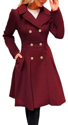 Femme Manteaux en Laine Mélangée à Double Boutonnage Manteau Longue Femme Hiver Chic et Elegant Chaud Manteau Mince Blazer Long Manteau Couleur Unie Coupe-vent Blouson,Rouge,M