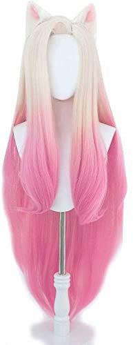 KDA Baddest Ahri Cosplay Perücken KDA Cosplay Blonde Mixed Pink Wigs with Ears Heat Resistant Synthetic Hair Game Cos Cosplay Anime Wig Coser (Size: 1)