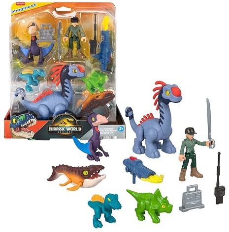 Imaginext Jurassic World Rebirth Action Figure Multi Pack | Jurassic World Rebirth Set with one 3-inch Human and 5 Dinosaurs, Toy Launcher & Accessories, JFR25
