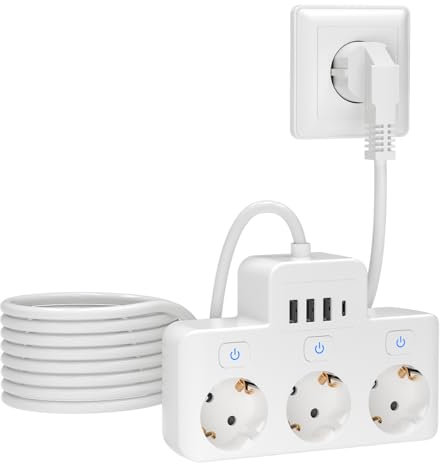 LEUTED 7 in 1 Steckdosenleiste mit USB, 3 Fach Mehrfachsteckdose Mit Einzeln Schaltbar, 1,5m Kabel, 3 USB-A und 1 USB-C, Steckdose Erweiterung Mehrfachstecker für Küche Wohnzimmer Schlafzimmer Büro