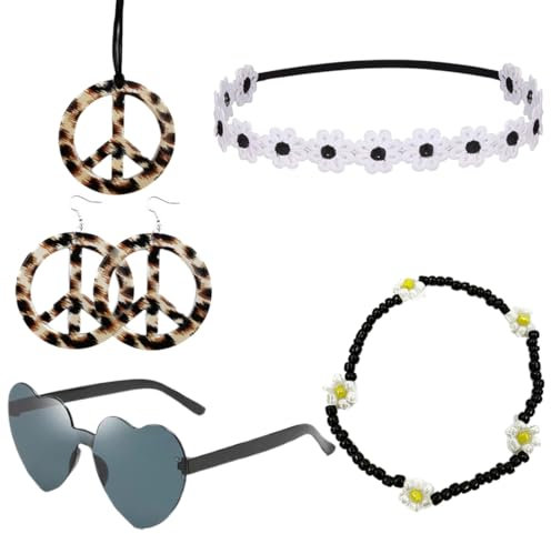 GUVYATI 6er-Pack Hippie-Kostümset, 60er-70er-Jahre-Bekleidungszubehör, Vintage-Hippie-Brille, Peace-Zeichen-Halskette, Sonnenblumen-Ohrringe, Hippie-Party-Zubehör für Männer und Frauen