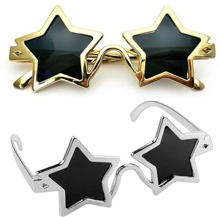 2 Pares Gafas de Sol en Forma de Estrella - Gafas de Pentagrama de Moda, Gafas de Fiesta de Verano Elegantes y Divertidas para Niños y Adultos, Accesorios para Fotos, Diseño Retro，Oro, Plata