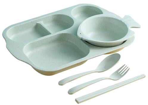 Platos divididos grandes de 11.8 pulgadas con cuenco para niños y adultos, juego de 5 piezas de plástico irrompible para control de porciones, platos de postre reutilizables de 5 compartimentos con