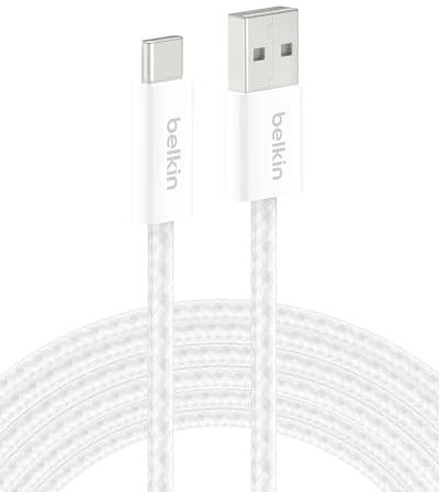 Belkin USB A to USB C Cable 10ft 15W Type C Charger, Flexible Braided iPhone Charging Cable for iPhone 16 & 15, Galaxy S25, Pixel 9, iPad Pro, Airpods Pro, Switch & More - White