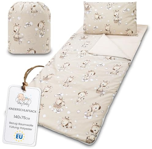 Schlafsack Kinder mit Kissen und Reißverschluss für Baby 3-7 Jahre - 140 x 75 cm Kinderschlafsack Indoor für Kindertagesstätte Kindergarten Deckenschlafsack Oeko-Tex Giraffen