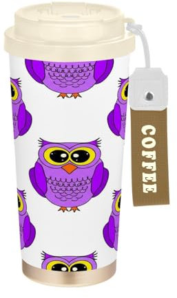 RPLIFE Cute Purple Owls, Coffee Travel Mug 16+ Oz with Straw and Filp Lid, Vacuum Insulated Double Walled Coffee Mugs with Ceramic Coating for School Office Party Camping