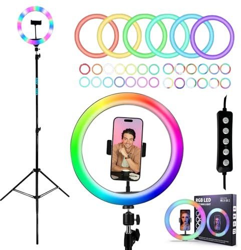 TronicXL RGB LED Ringlicht USB mit 210cm Stativ groß + Ring Light mit Smartphone Halterung Tripod Beauty Licht Kamerastativ Handy Halter für TikTok YouTube Streaming Smartphone LiveStream Foto Video