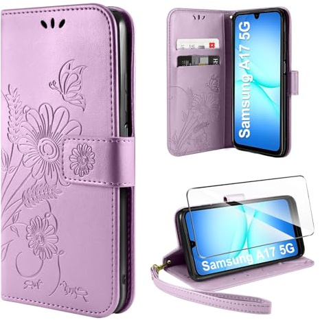 ivencase Handyhülle für Samsung Galaxy A17 5G Hülle mit Schutzfolie, Premium PU Flip Lederhülle Tasche Case Magnetknopf Kartenfach Schutzhülle für Samsung A17 5G - Hellviolett
