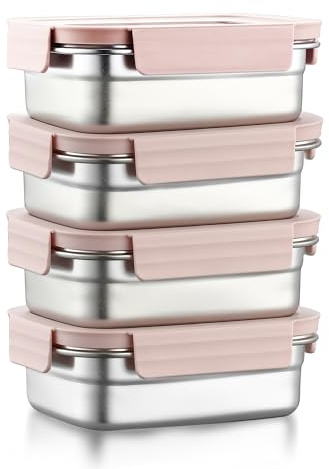 Misichao Small Stainless Steel Food Storage Containers with Lids Pink x 4 | Stackable, Leakproof, Reusable Meal Prep Food Containers Metal Bento Lunch Box for Kitchen & Pantry, Work, Gym 650 ml x 4