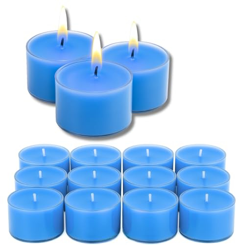 Candelo XXL Duftteelichter Wellness 12er Set aus Sojawachs – Meerblaue Jumbo Teelichter, frischer zitrisch-aquatischer Duft, 8h Brenndauer, Ø 3,7 cm, Höhe 2,7 cm – Duftkerzen