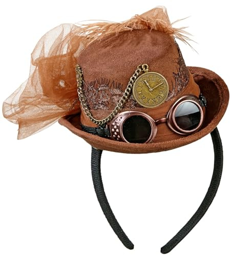 TrendandStylez Steampunk Mini-Zylinder für Damen auf Haarreif. Viktorianischer Kopfschmuck mit Goggles, Uhr & Federn. Perfektes Accessoire für Karneval, Halloween, Fasching & Mottoparty.