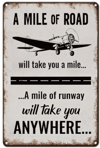 Hobbspring Airplane Runway Aircraft Tin Sign Decor Black White Retro A MILE OF ROAD Metal Sign 12 * 8in Iron Water Proof Wall Art Decoration for Park Bars Clubs Airport