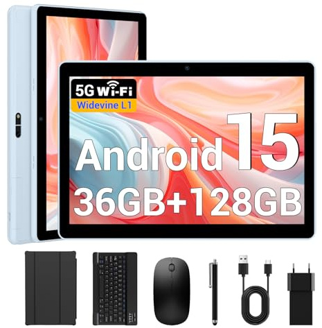 BEYNIVAN Tableta 10 Pulgadas Android 15 Tablet 5G WiFi,36GB RAM+128GB ROM/8000 mAh/BT 5.0/TÜV/USB-C,Tablet con Teclado+ Ratón + Funda,Azul