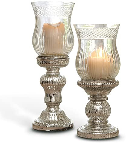 LOBERON Kerzenständer Set Luisant | Deko Kerzenständer Silber Für Kerzen & Teelichter | Mundgeblasen Aus Glas | 2er Set | 29 cm & 35 cm