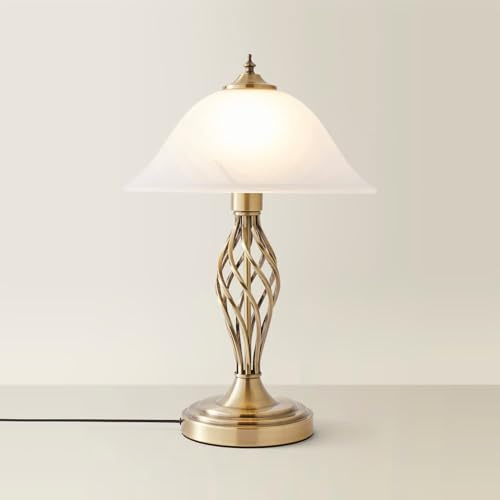 MiniSun | Antique Brass Barley Twist Table Lamp with a Frosted Alabaster Shade | Table Lamps, Home Décor & Improvement Essential | Includes 6W LED Bulb [3000K Warm White]