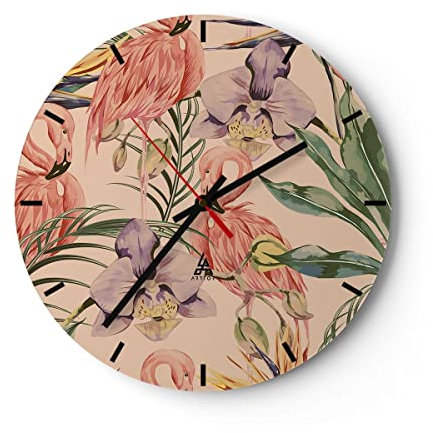 Modern Wanduhr Flamingos Pflanzen Vogel exotisch 40x40cm Rund Groß Wand Uhr Glas Analog Zimmeruhren Küche Büro Wohnzimmer Glasuhr Wall Clock Dekoration Design Wanddekoration Küchenuhr C3AR40x40-2929
