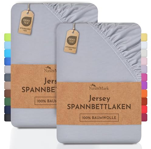 NatureMark 2er Pack Kinder Jersey Spannbettlaken, Spannbetttuch 100% Baumwolle in vielen Größen und Farben MARKENQUALITÄT ÖKOTEX Standard 100 | 70x140 cm - Silber grau
