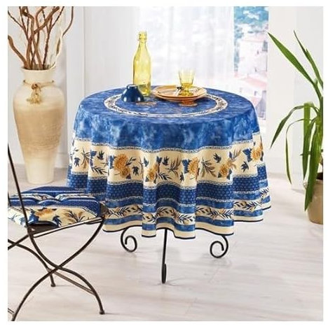 Villages de Provence Runde schmutzabweisende Tischdecke - Faltenbeständig und 100% Polyester - Blau - Ø 180 cm - Tournesol Abeille - 6/8 Besteck - Innen oder Außen - Esstisch, Küche oder Garten
